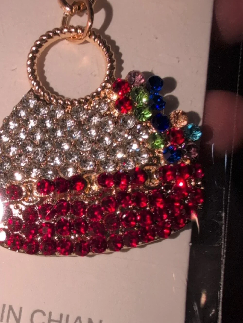 Ella Gold-Tone Red Purse Keychain with Clear, Red and Multicolor Rhinestones - Picture 2 of 4